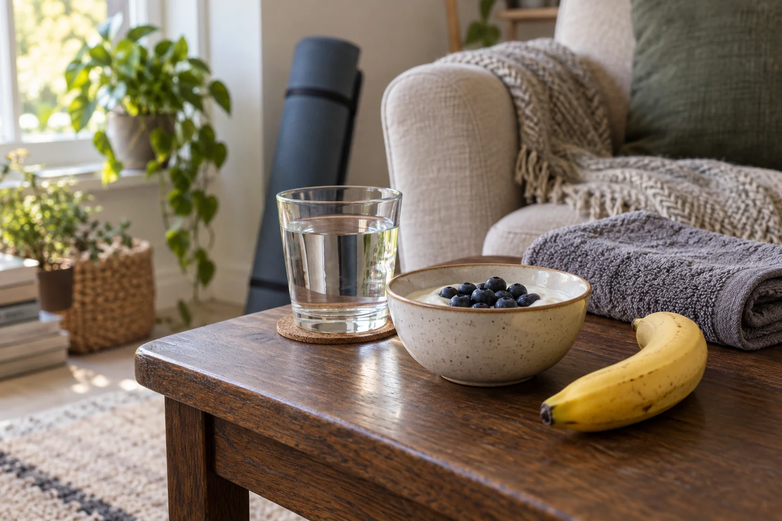 Water, yoghurt with berries and a banana on a low table beside a folded exercise towel